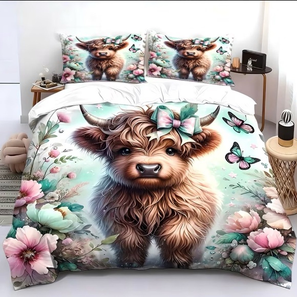 Floral Highland Cow Bedding 3 piece Set